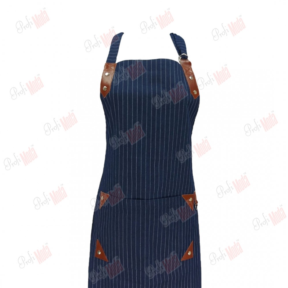 Denim apron with bib with leather inserts